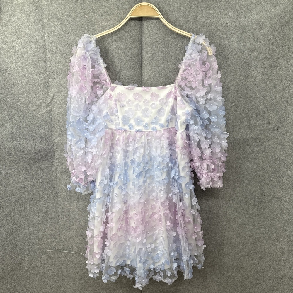 Storia Women's Floral Tulle Puff Sleeve Babydoll Mini Dress Medium Purple Pink‎
